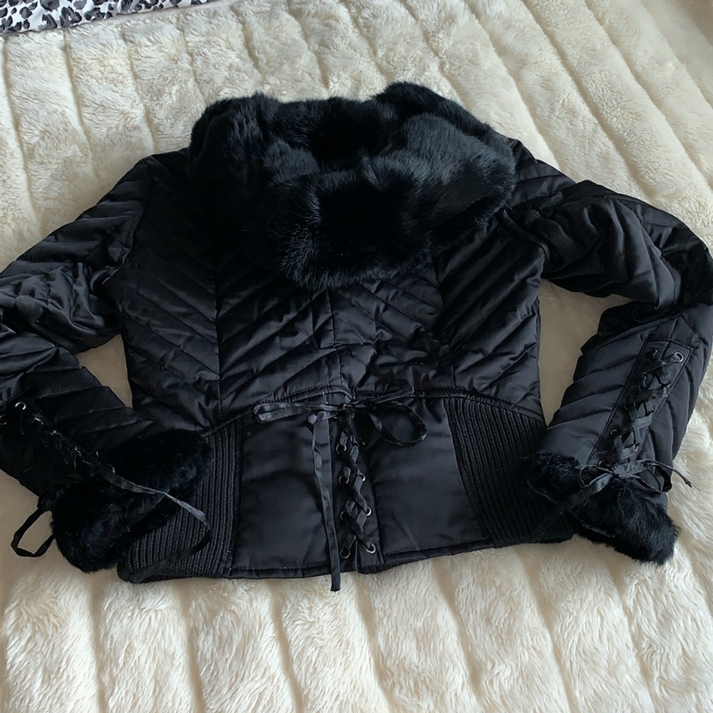 Bebe RARE Y2K Lace Up corset HOODED DOWN Fill Genuine Rabbit FUR jacket M🇨🇦 - Picture 4 of 15